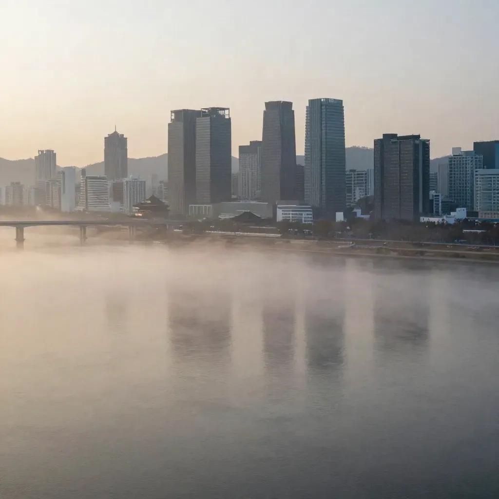 한강 안개 위로 남산 실루엣과 도심 타워가 보이는 서울 새벽 풍경